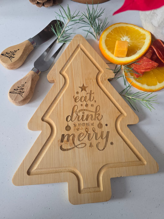 Personalized Christmas Tree Charcuterie Board Set – Double-Sided Laser Engraving